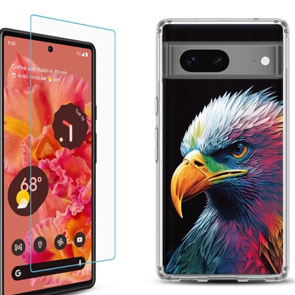 OneToughShield ® for Google Pixel 7a Shockproof Bumper Phone Case, with Tempered Glass Screen Protector - Geometric Eagle
