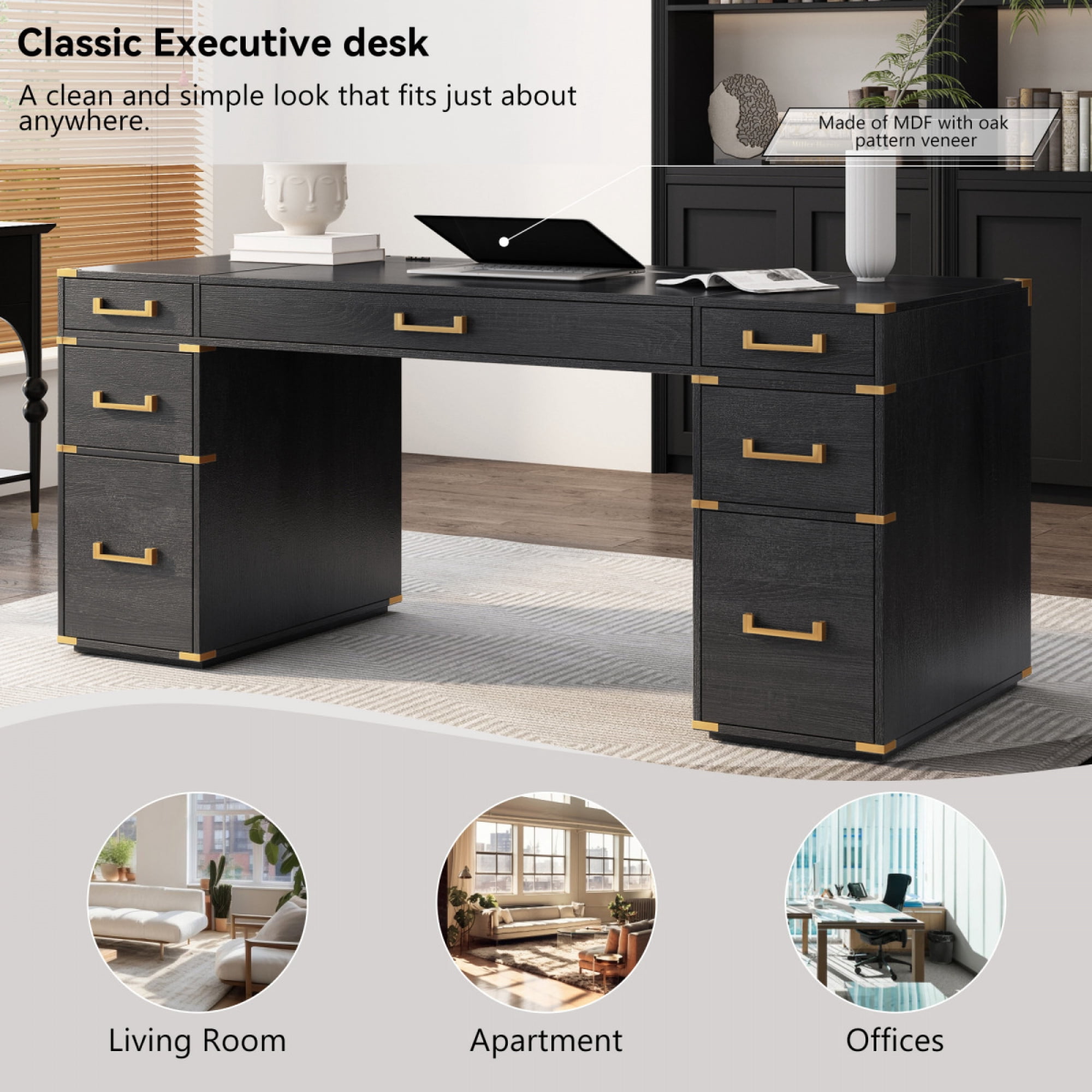 70" Extra-Large Classic and Traditional Executive Desk with Metal Edge Trim ,Writing Desk with 2 file drawers,USB Ports and Outlets,Desk with Hidden Compartment for Living Room