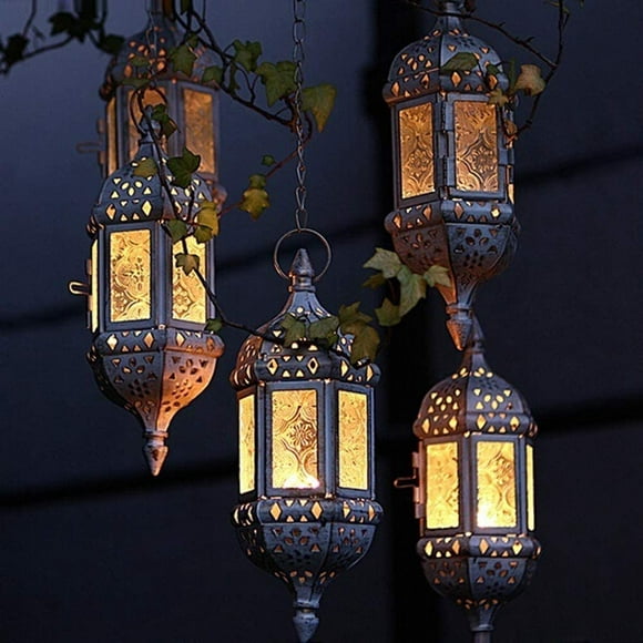 Hanging Hexagon Decorative Moroccan Candle Lantern Holders, Black/ White/ Bronze Handmade Hanging Tea Light Holder in Bronze Metal & Glass Gift & Decor Items