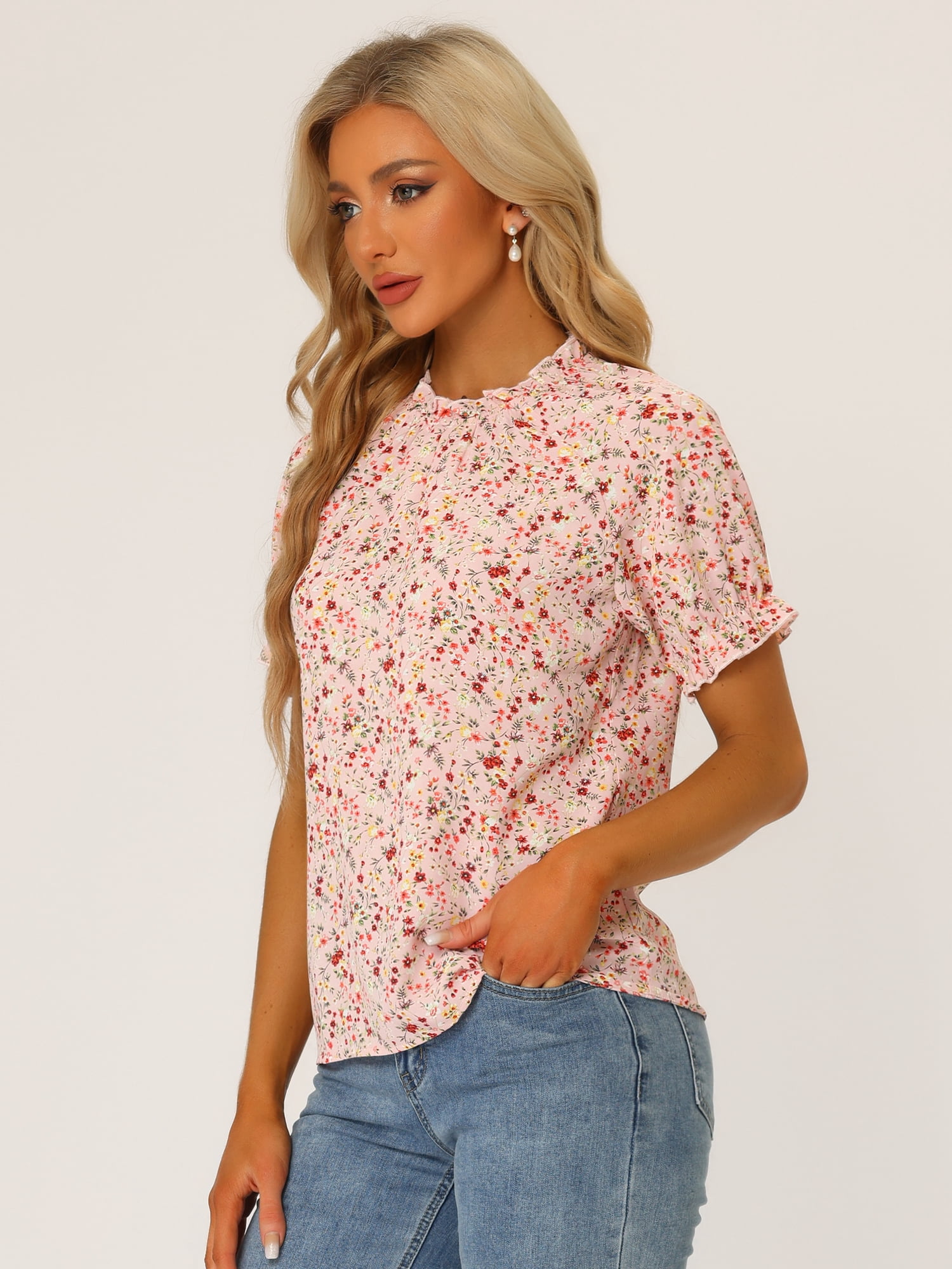 DARING DIVA Women's Floral Ruffled Neck Short Sleeves Top Blouse M Light Pink