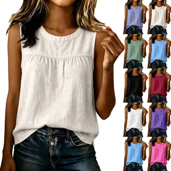 Yertdoel Tank Tops for Women Cotton Linen Solid Color Round Neck Loose Fit Cute Fashion Sleeveless Tees Summer Soft Comfy Beach Vacation Casual Outfits