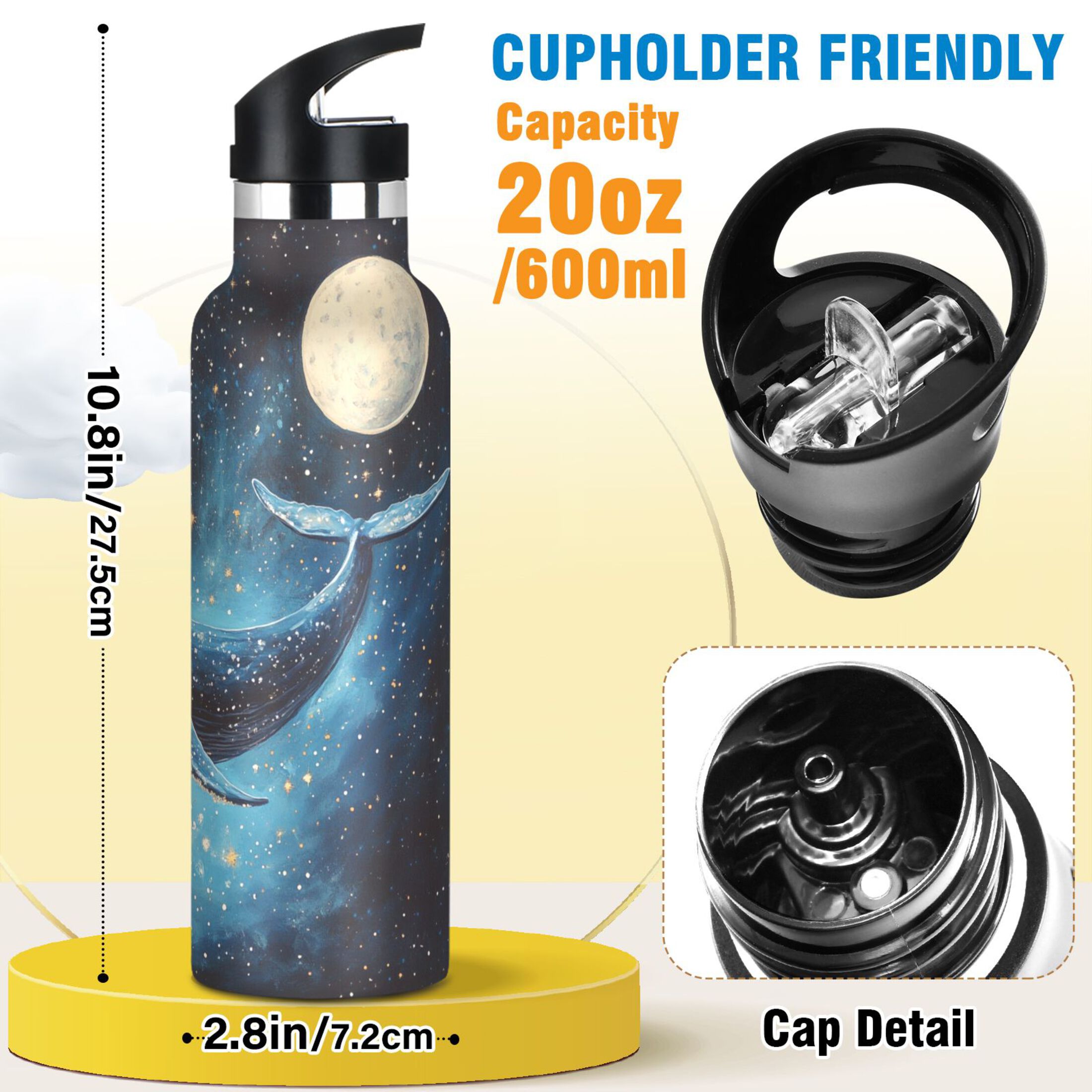 600ML Stainless Steel Insulated Cup Sports Water Bottle Portable Thermos Cup Water Glasses Insulated Tumblers Convenient and Durable Starry Whale