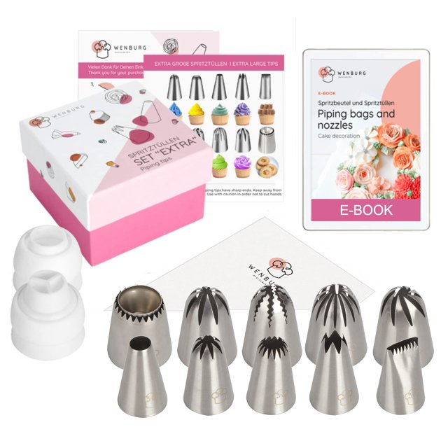 Wenburg - Juego de puntas de tubería extra grandes - Juego de bolsas y puntas con acoplador - 10 puntas de decoración de pasteles XL - Kit de tuberías de g Wenburg NA