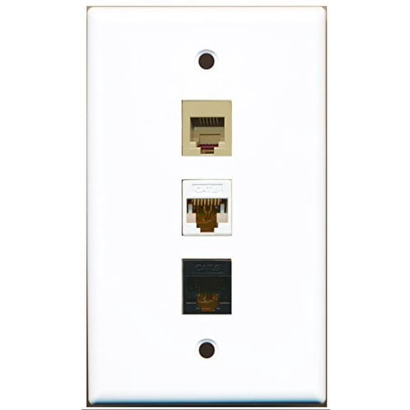 RiteAV - 1 Port Phone RJ11 RJ12 Beige and 1 Port Cat6 Ethernet White and 1 Port Cat6 Ethernet Black Wall Plate