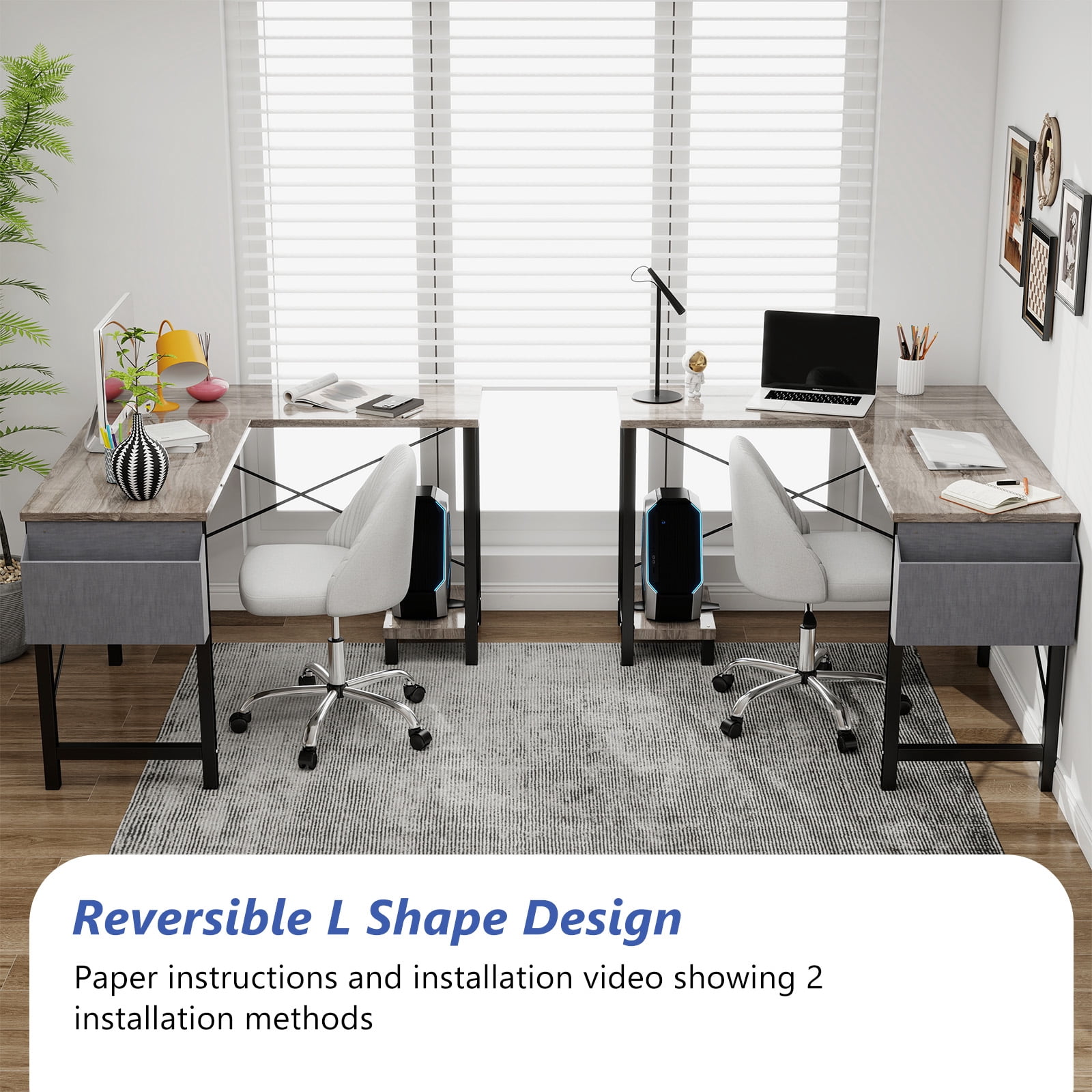 L Shaped Desk, 50 inch Reversible Corner Computer Desk with Storage Shelf & Side Bag, Home Office Working Workstation Gaming Table, Gray