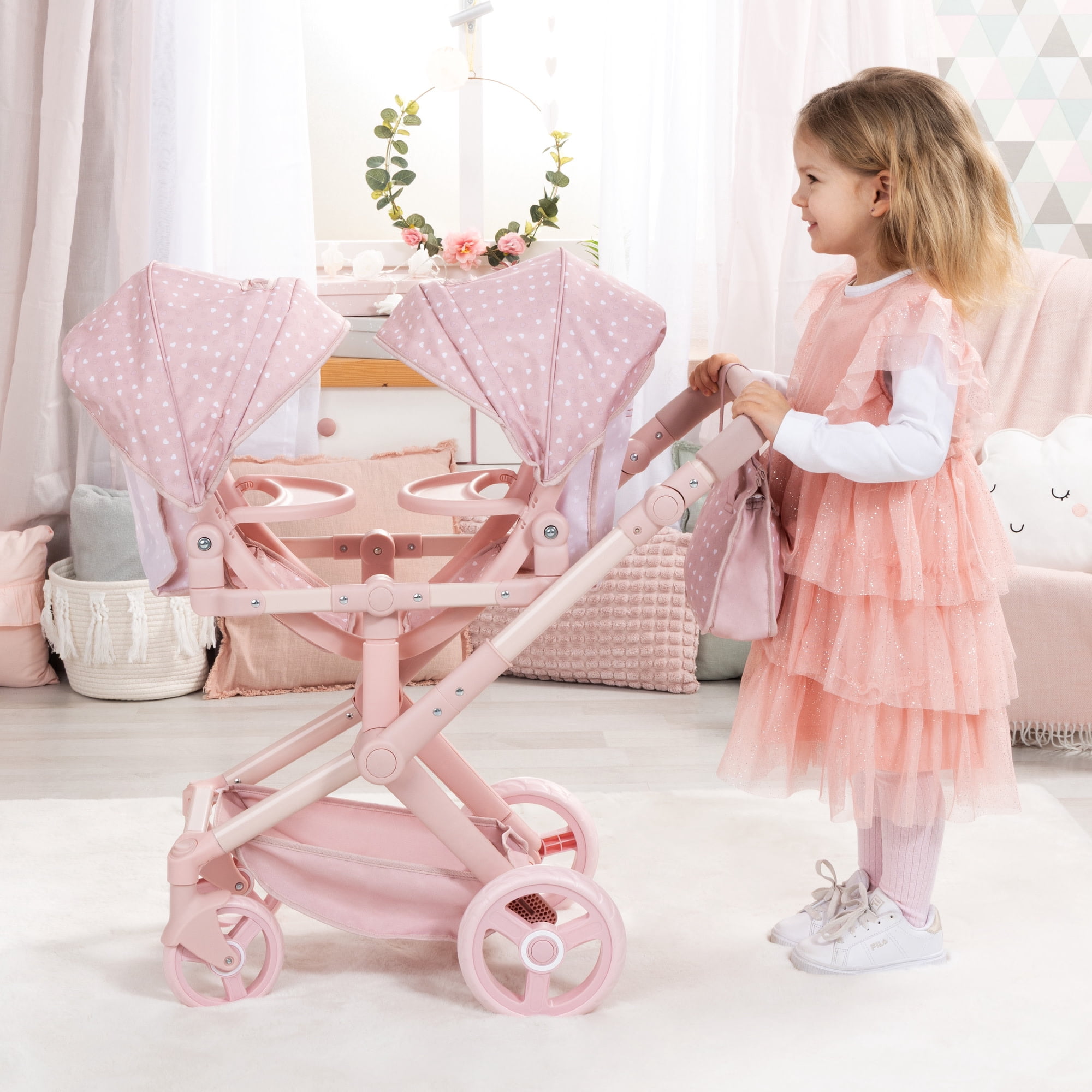 Bayer Design: Doll Pram Xeo Twin - Soft Pink & Polka Dot - Push Stroller, 2 Adjustable Seats & Handle, Handbag, Toy Accessory Fits 18" Dolls, Kids 3+