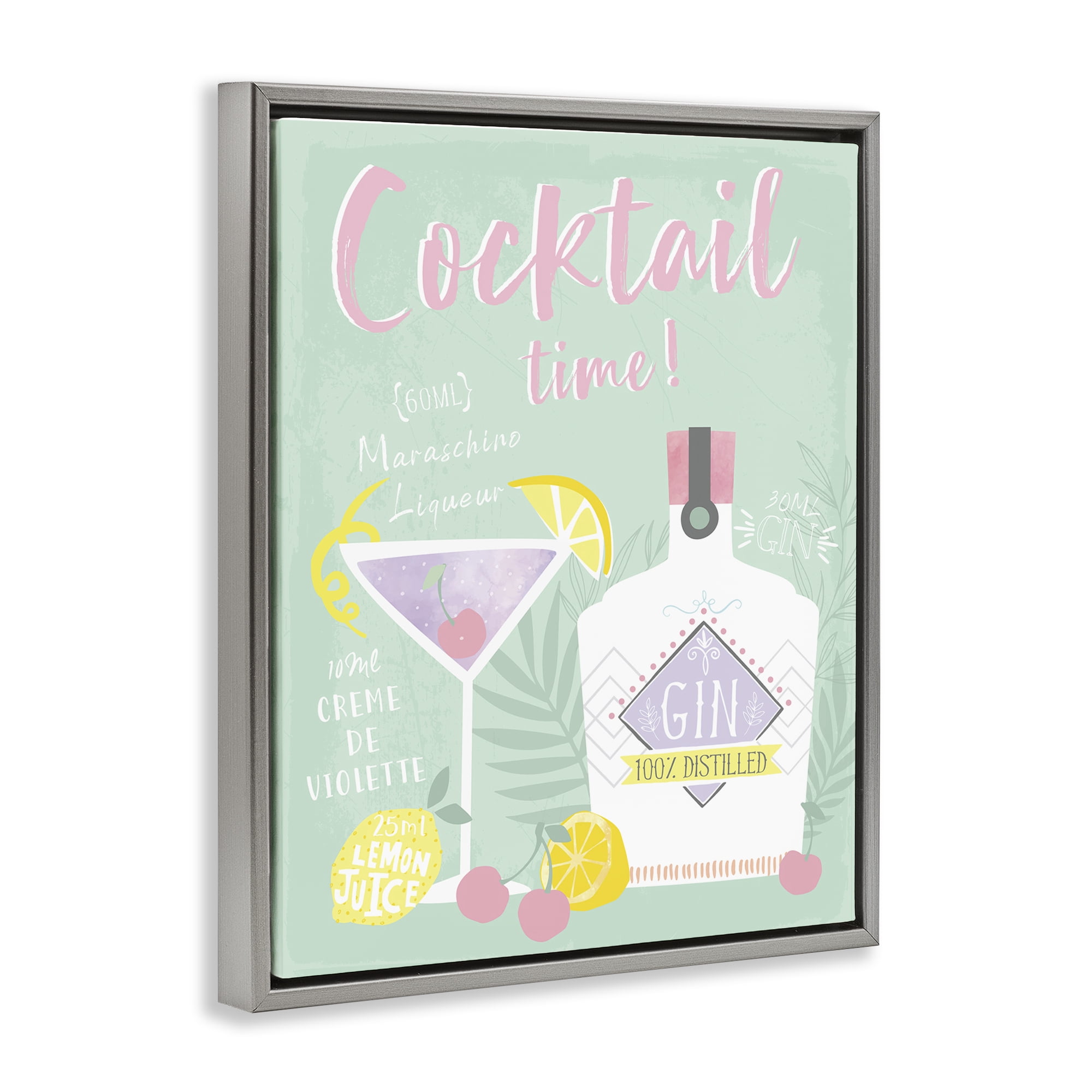 Stupell Industries Cocktail Time with Recipe Food & Beverage Painting Gray Floater Framed Canvas Art Print Wall Art, 25 x 31