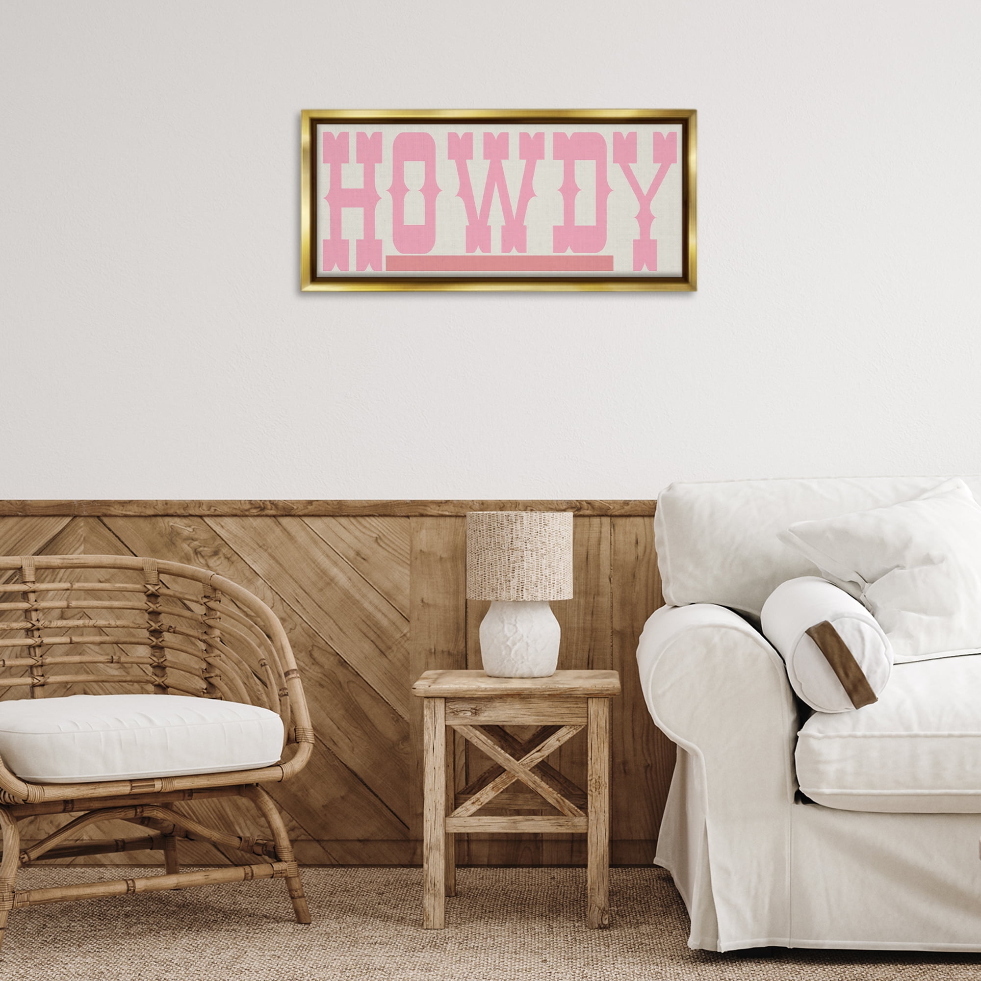 Stupell Industries Howdy Pink Text Typography Painting Gold Floater Framed Canvas Art Print Wall Art, 25 x 11