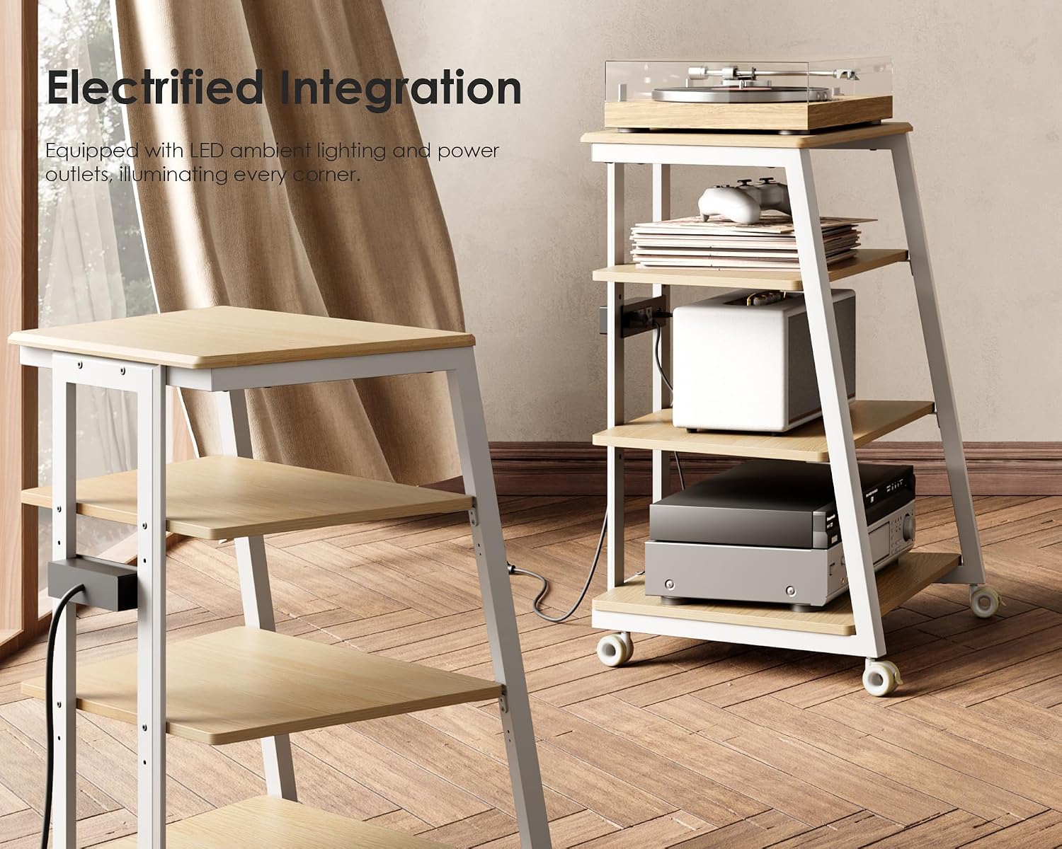 FITUEYES 4-Tier Media Stand with LED Backlight and Power Outlet, Adjustable Shelves, White Oak