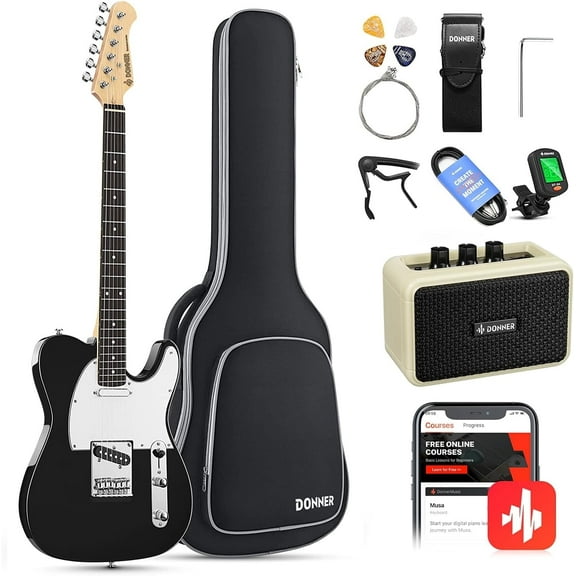 Donner Beginner 39" Electric Guitar Kit with Amplifier, Bag, Digital Tuner, Capo, Strap, String, Cable, Picks, Black, DTL-100
