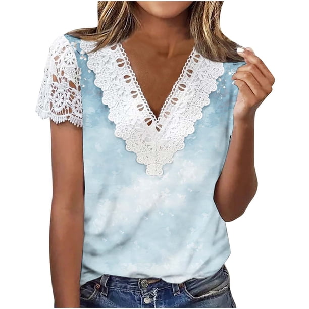 Tops de Manga Corta con Cuello en V para las Mujeres Blusa de Botón Impresa de Plegado de Verano Casual de Ajuste Regular