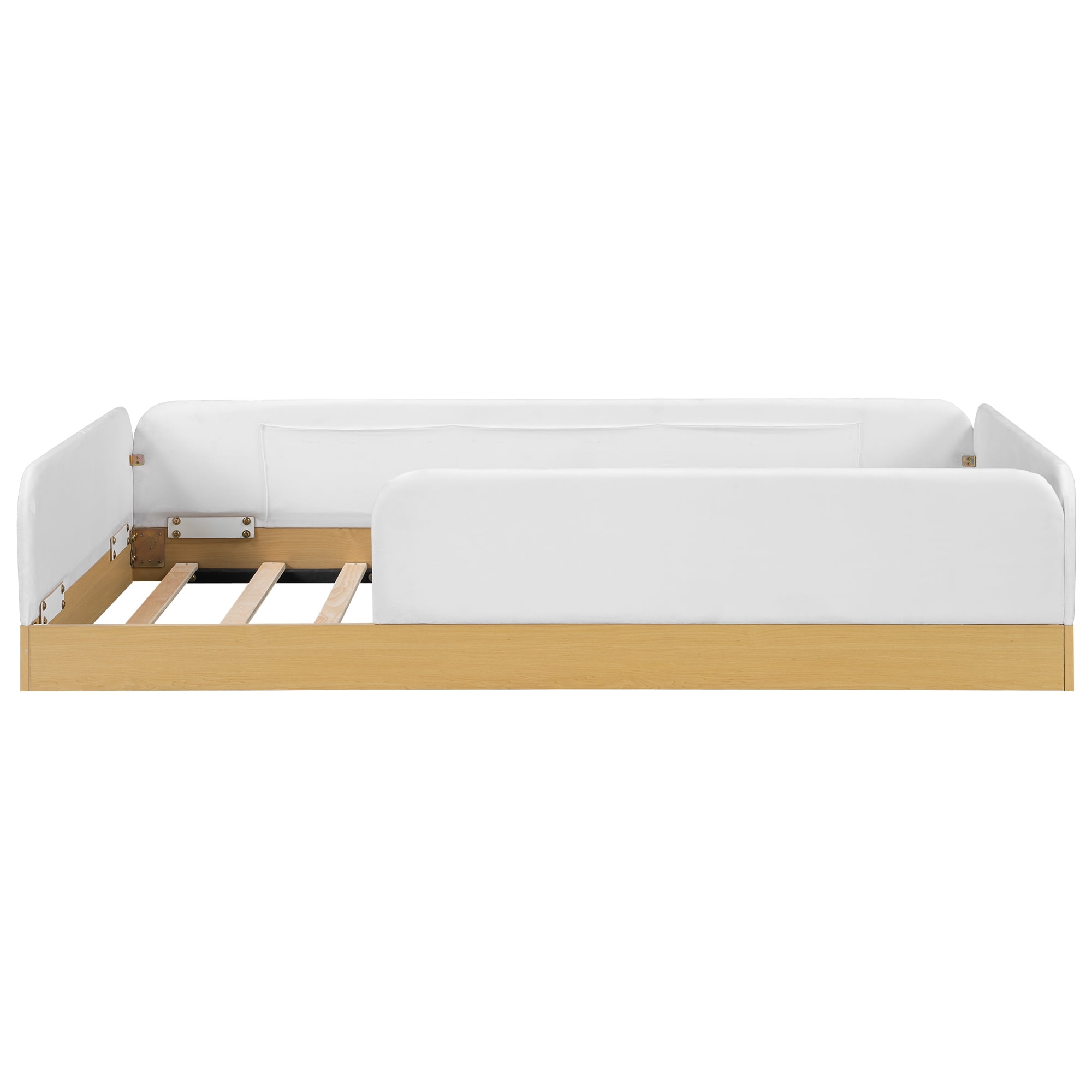 Euroco Upholstery Twin Platform Bed, Floor Bed with Storage and Guardrails, Natural