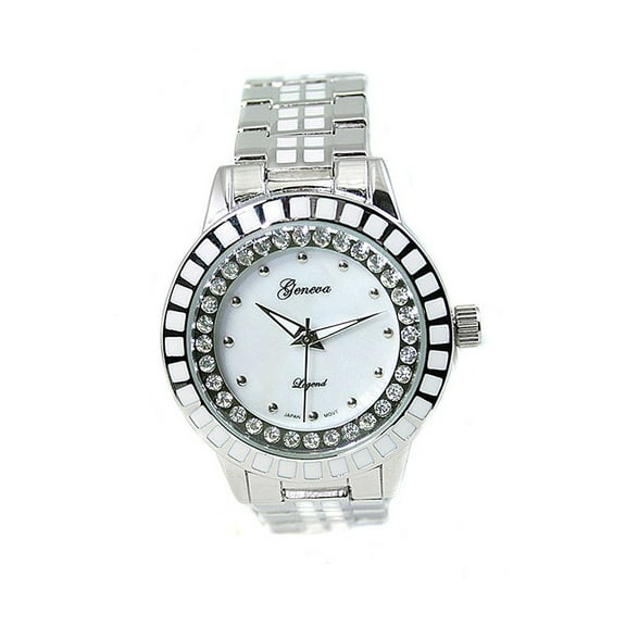 Ladies Silver-Tone Cream CZ Clubbing watch 34mm 11mm thick case. Iridescent Mob Dial, 16mm wide silver-tone metal cream link bracelet fits 7 inches wrists.