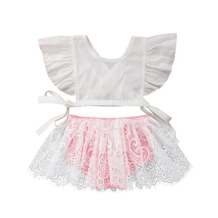 

2Pcs Baby Girl Ruffle Tank Top T-Shirt + Lace Pink Skirt Pants Outfit Clothing Set