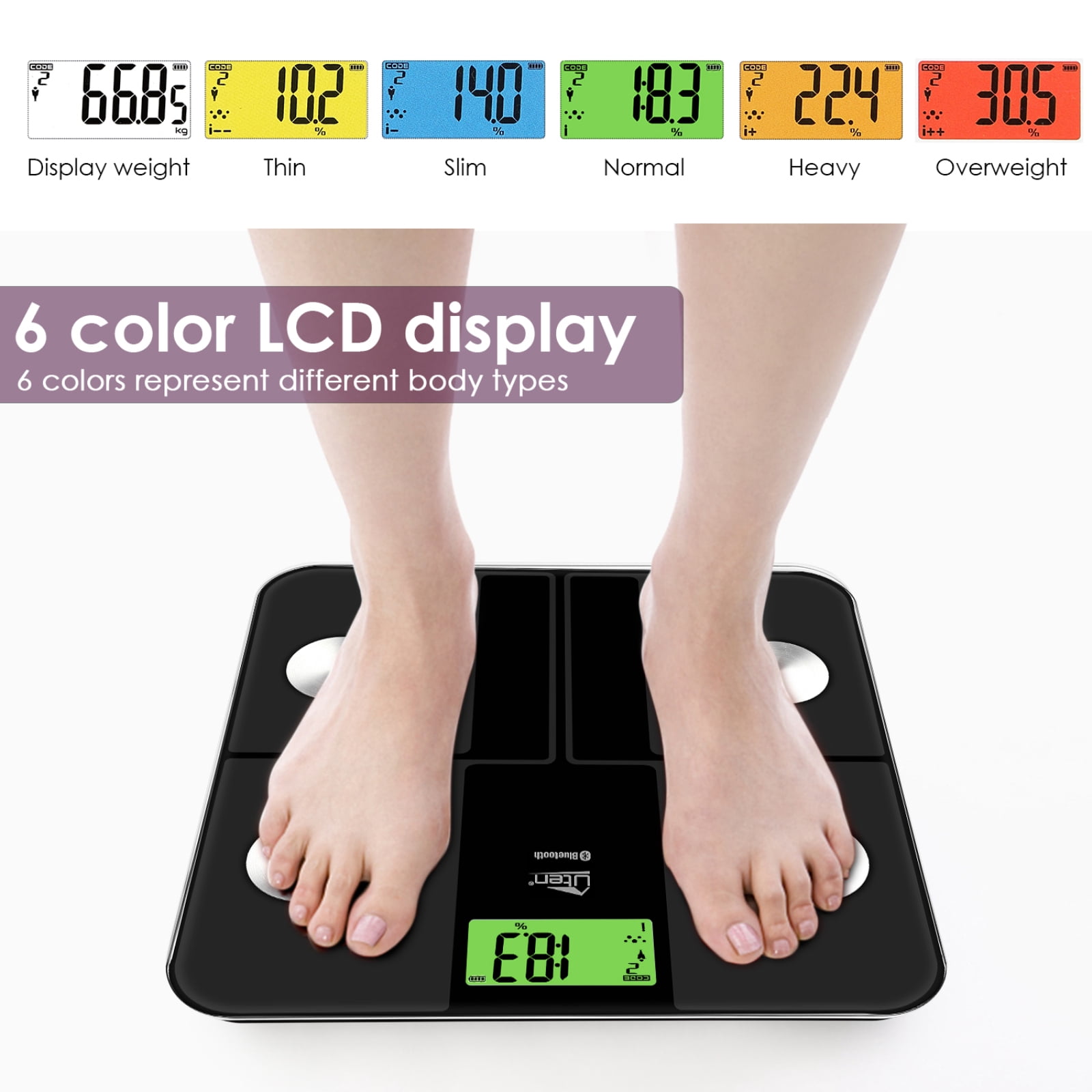 Uten Smart Digital Scale, Bluetooth Body Fat & Composition Analyzer with LCD Display, 400 lbs Capacity, Health Monitor, Black