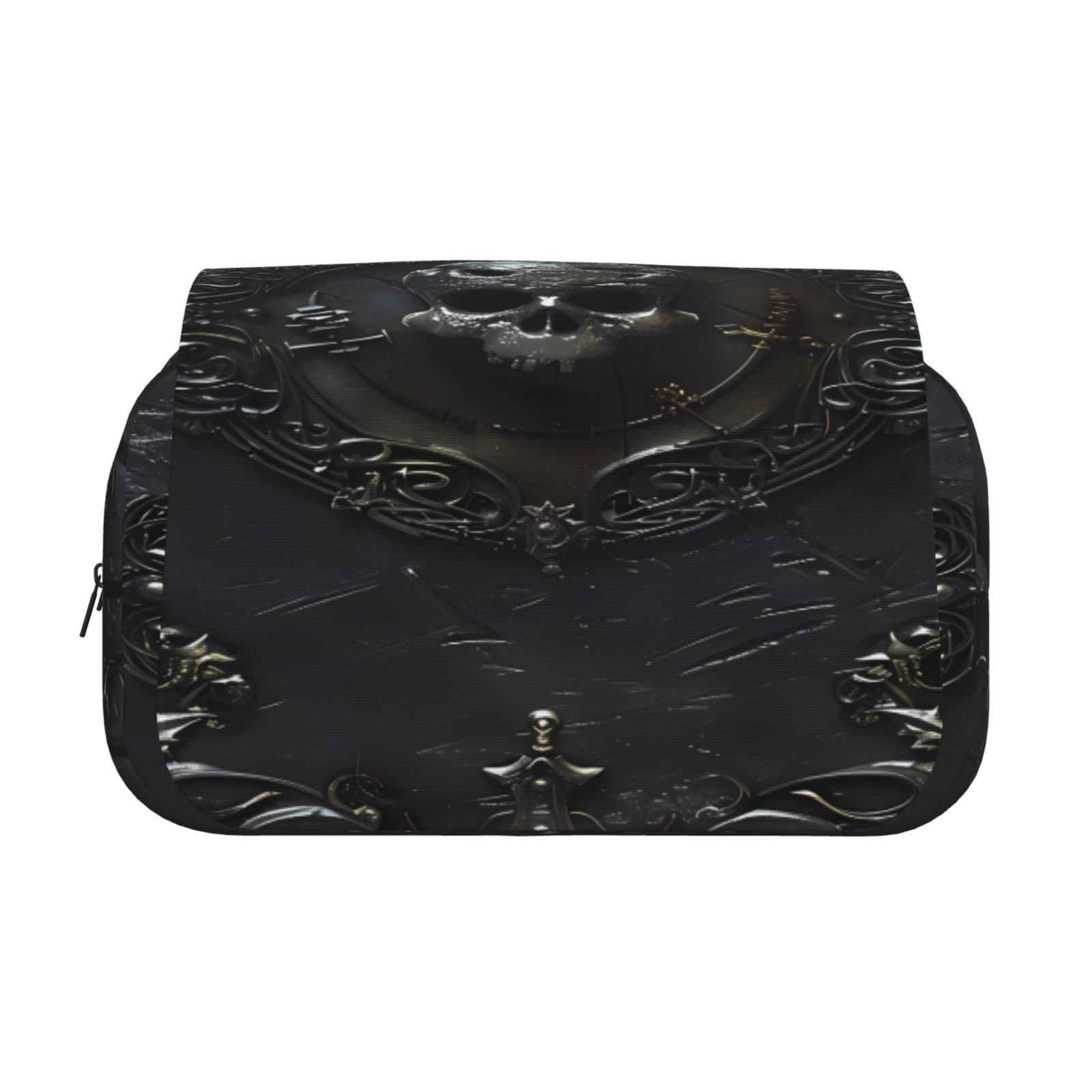 Rateoe Ornate Dark Skull Book Pattern Double Clamshell Pen Case, Storage Organizer with Two Zipper Compartments– Holds Up to 50 Pencils & Pens