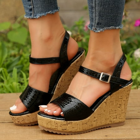 

YOUSNH Ladies Simple Solid Color Wedge Heeled Sandals One Line Buckle with Fish Mouth Fashion High Heeled Plus Size Sandals Beach Sandals for Woman Black 9(42)