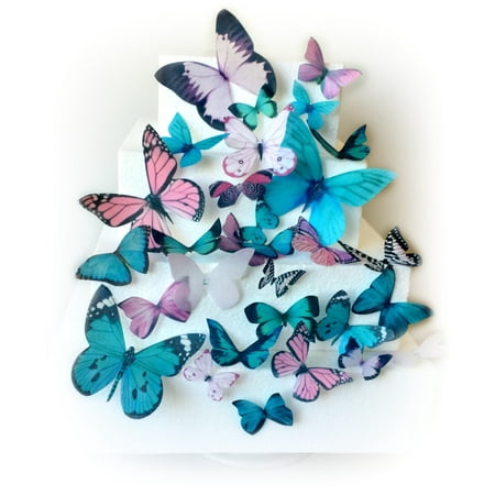 Pink Teal Blue Green Assorted Sizes Wafer Paper Butterflies For