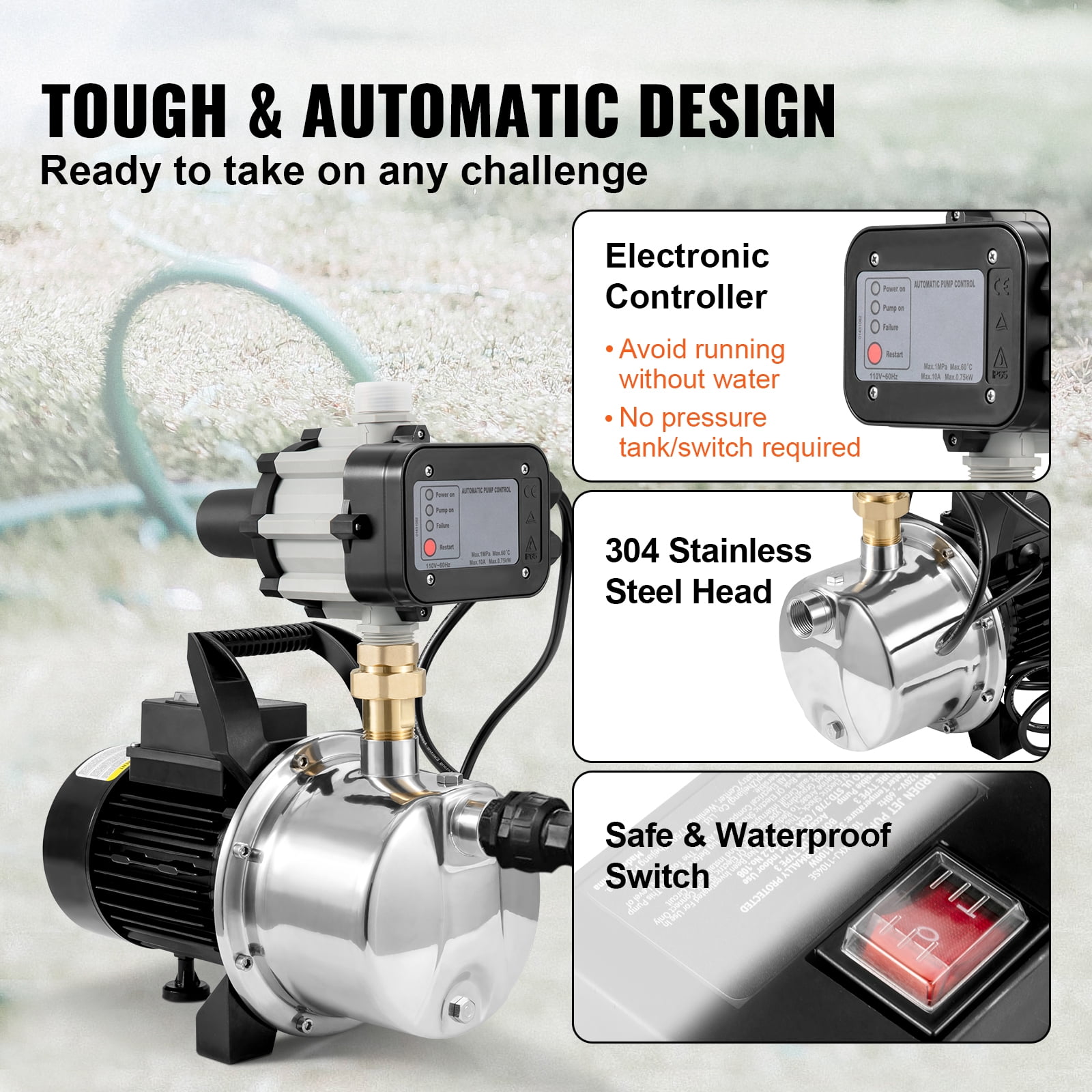 KFFKFF 1 HP Water Pump, 1200GPH 164ft Shallow Well Pump Portable Jet Pump w/ Auto Controller