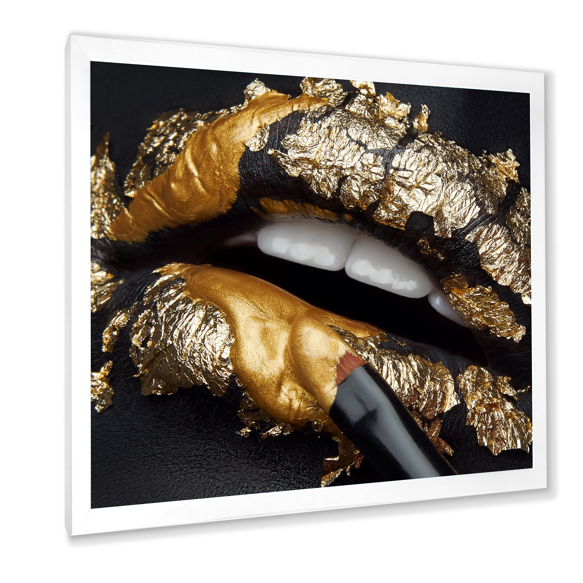 Designart 'Female Lips With Black Leather and Gold Foil' Modern Framed Art Print