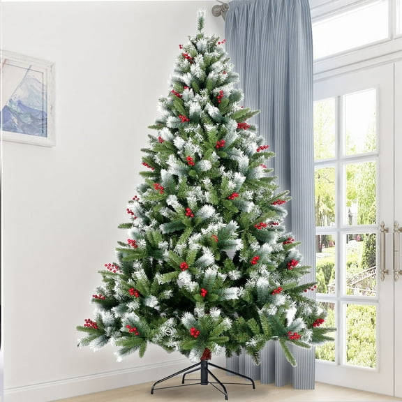 ENYOPRO Green Flocked Full Artificial Christmas Tree, with 1100 Fake Snow Dusted Tips 7'