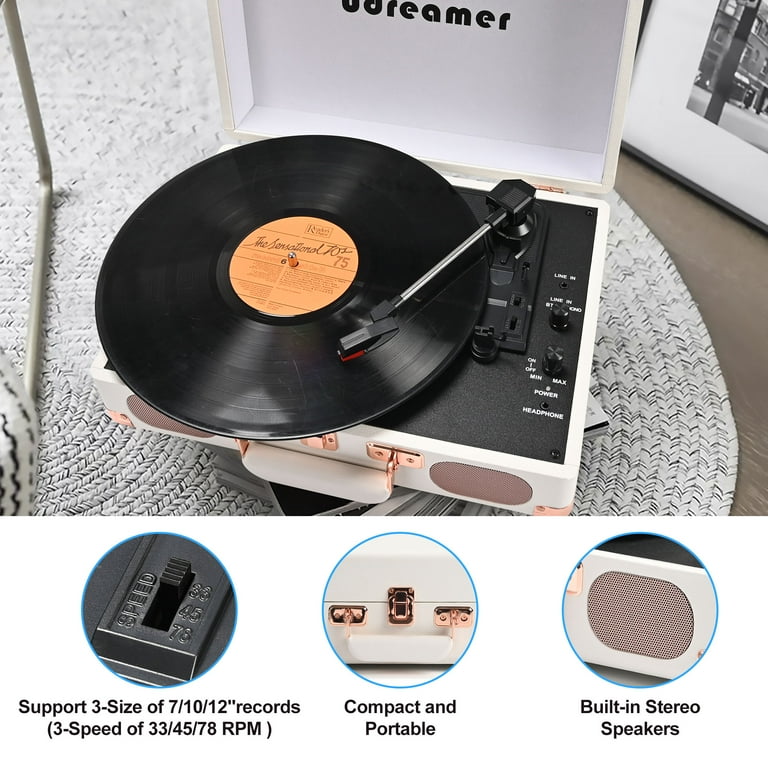 Udreamer Vinyl Record Player 3 Speed Turntable with Bluetooth Suitcase Portable Vintage Audio Turntables White