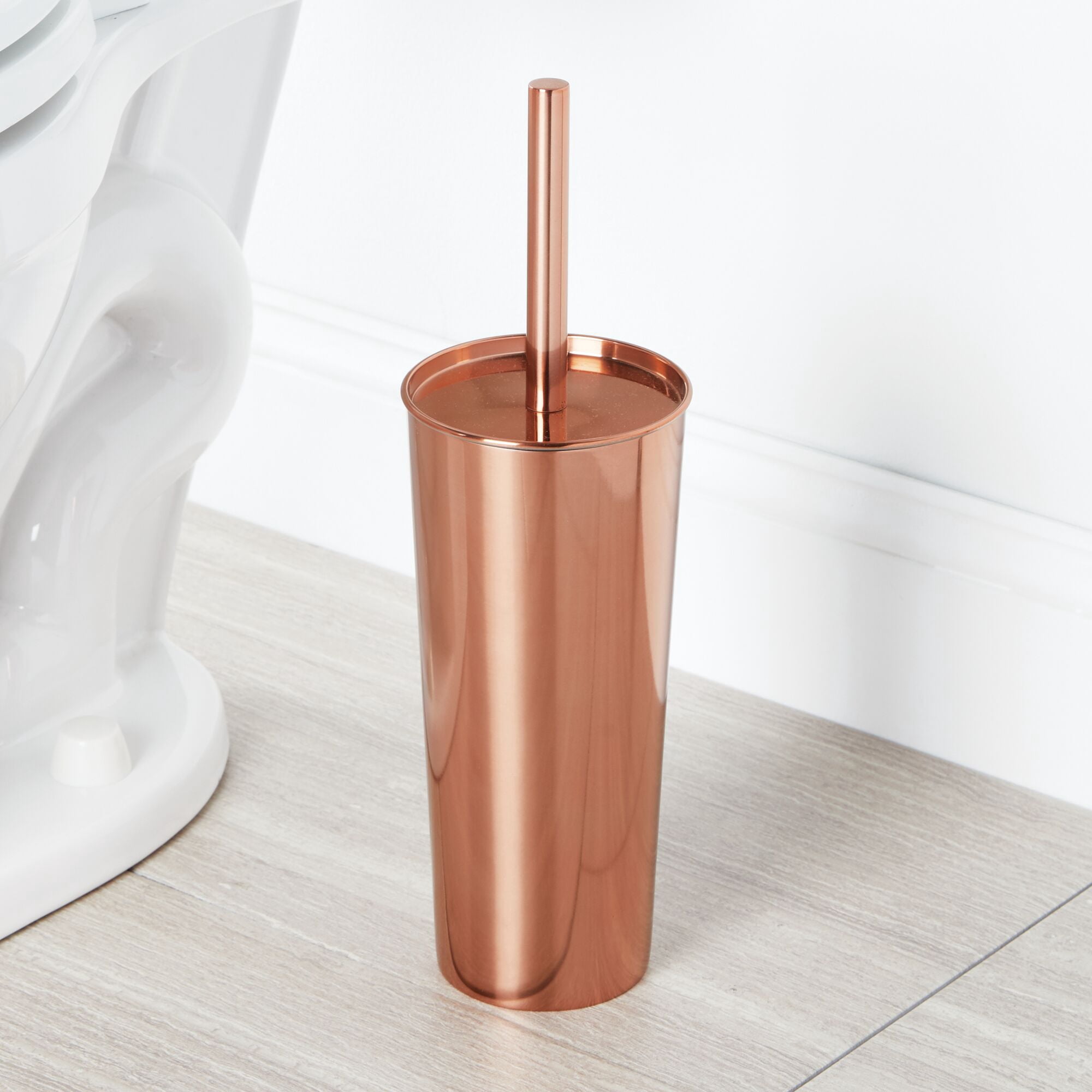 mDesign 2 Piece Plastic Bathroom Set, Bowl Brush and Trash Can - Rose Gold