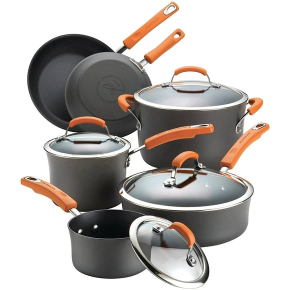 Rachael Ray 10-Piece Brights Hard-Anodized Aluminum Nonstick Cookware Set with Glass Lids, Gray/Orange (New Open Box)