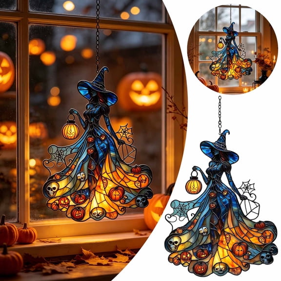 chaungfeng Scary Witch Acrylic Suncatcher, Stained Glass Window Car Hanging Christmas Ornament for Indoor Outdoor Decor, Garden Sun Catcher Panel for Halloween Lover for Women Mom Grandma