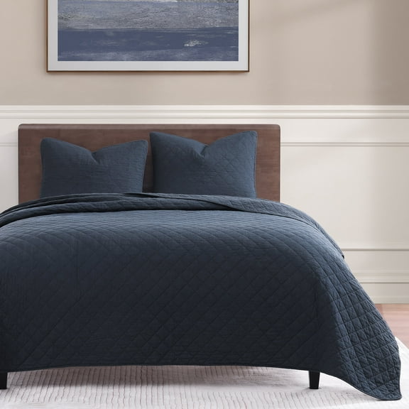 Indigo Hill Cotton Comfort 3 Piece Quilt Set with Pillow Shams, Gauze Blanket Classic Modern Bedding, Navy, King