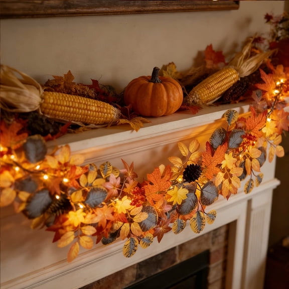AuroraX Pre-Lit LED Fall Garland Harvest Maple Leaf Vine Battery Operated Timer Halloween Thanksgiving Indoor Holiday Decor