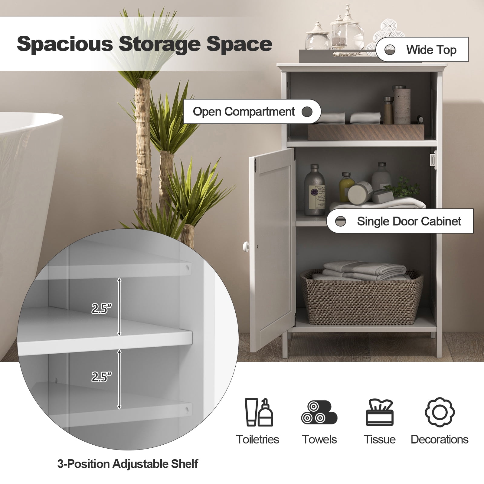 Gymax Bathroom Floor Storage Cabinet Side Table Adjustable Shelf Organize Freestanding
