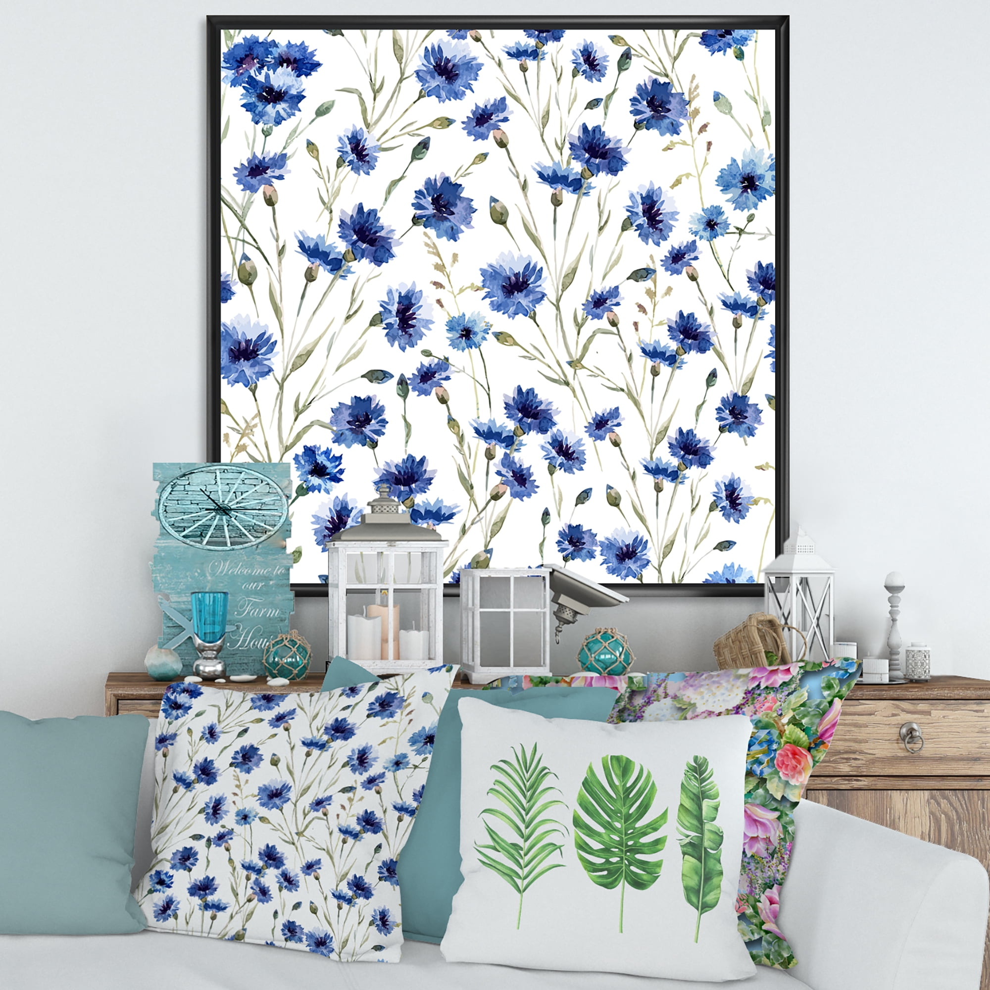 Designart 'Blue Wildflowers With Green Leaves On White' Traditional Framed Canvas Wall Art Print