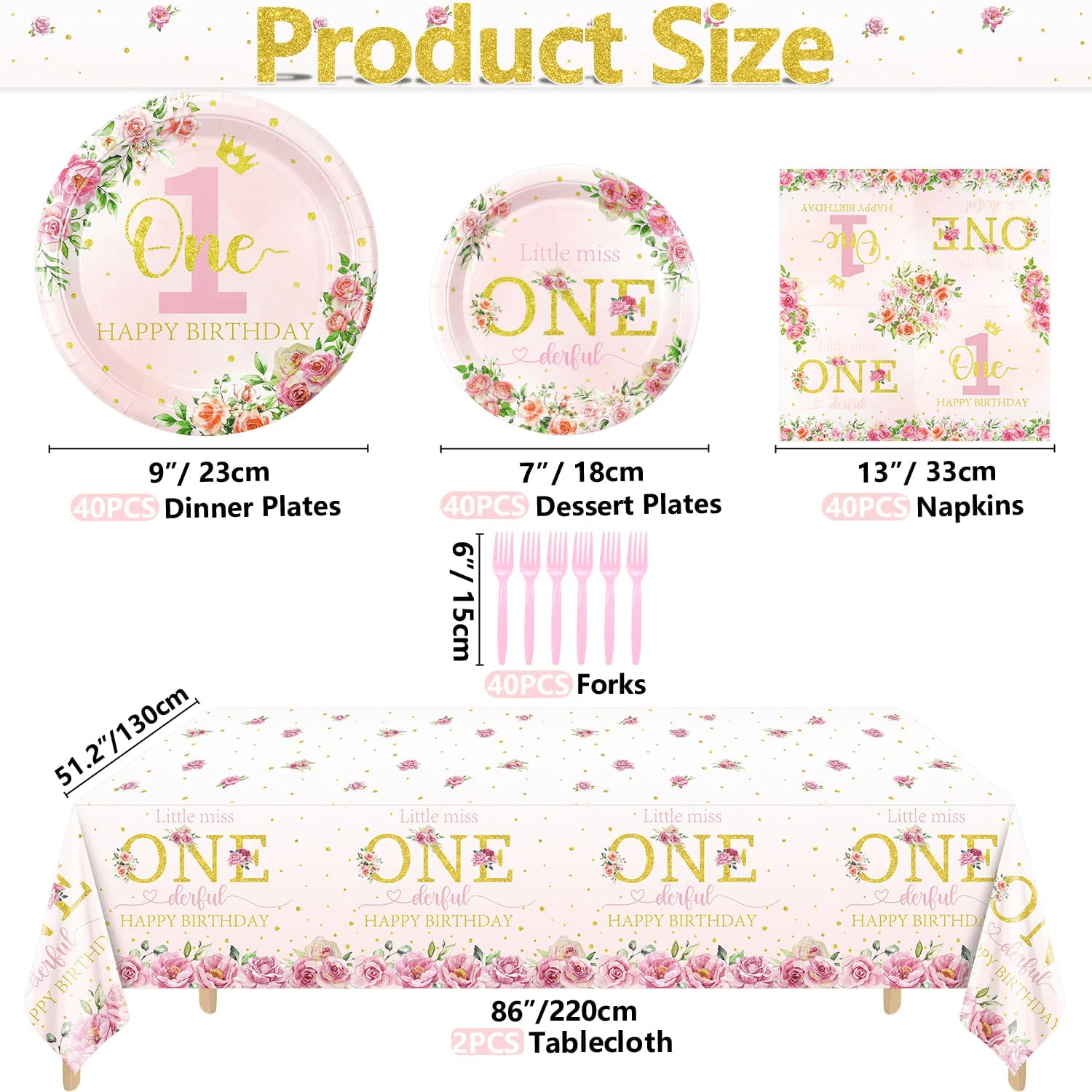 Miss Onederful 1st Birthday Party Supplies for 40 Guests - Disposable Tableware Set Includes Plates, Napkins, Forks, Tablecloths - Girls Baby First Birthday Party Decorations