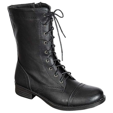 Leather Lace Up Combat Boots - Sammy-08 Womens Mid Calf Lace Up Side Zipper Combat Military Construction Boots Black