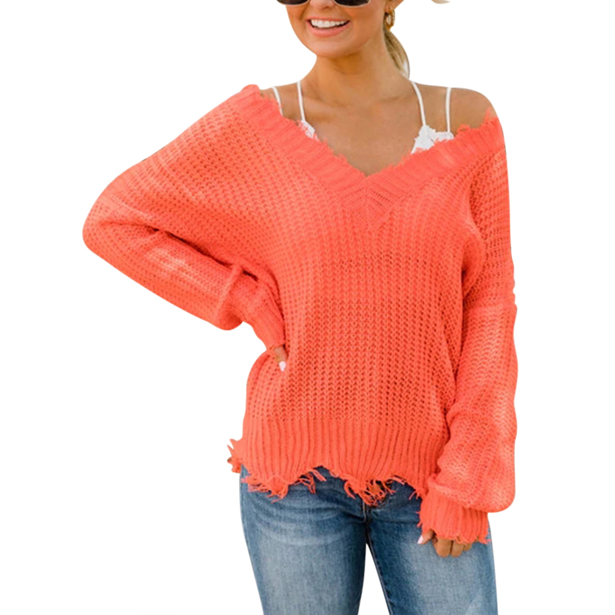 Glookwis Ladies Long Sleeve Pullover Casual Jumper Tops Irregular Plain  Knitted Sweaters Winter Warm V Neck Sweater Orange L - Walmart.com