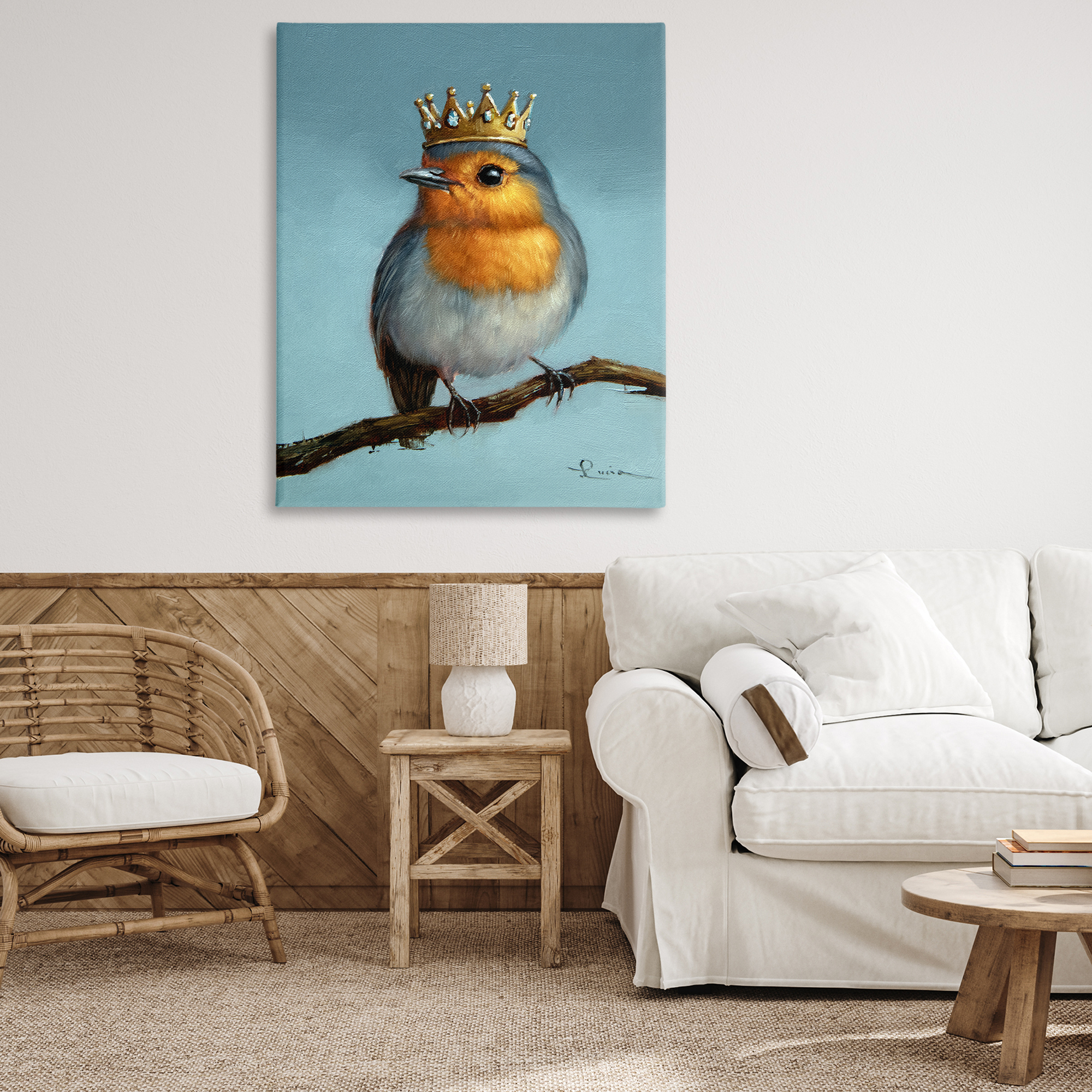 Royal Robin Perched Canvas Wall Art, design by Lucia Heffernan