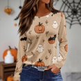 thumbnail image 2 of WTOBBY Women's Daily Casual Long Sleeve Printed Round Neck Top, Halloween Theme Split Hem Blouse for Fall Seasonal Fashion,Camel XL, 2 of 5