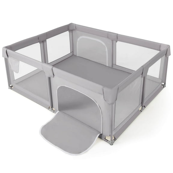 Babyjoy 75" x 59" Large Baby Playpen with Breathable Mesh & Zipper Doors Play Yard Fence Gray