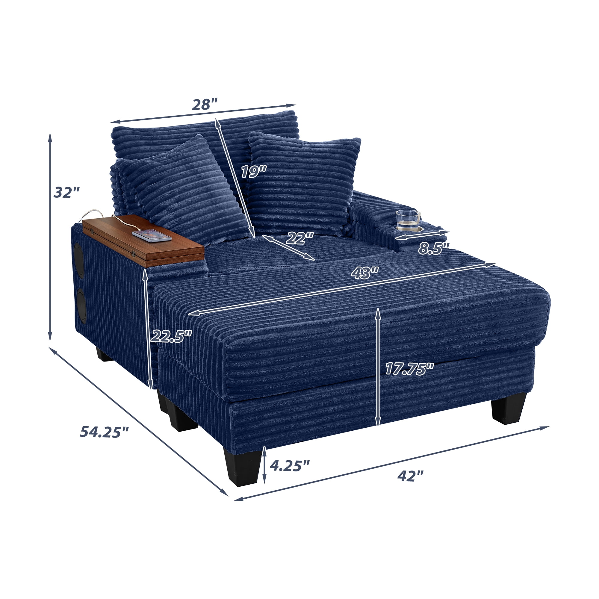 Chaise Lounge Chair Indoor,Corduroy Single Upholstered Sofa Bed with Ottoman,Cup Holder & USB Ports,180°Rotating Table Board for Living Room,Bedroom,Apartment,Blue