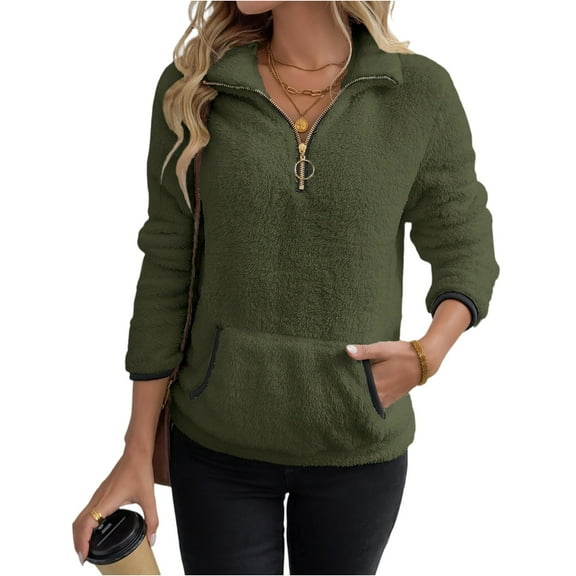 Women's Fall Winter Lapel Sweatshirts Long Sleeve Quarter Zip Cropped Solid Color Pullover Fashion Clothes With Pockets
