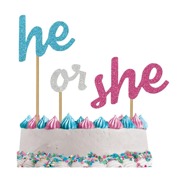 Diamond Glitter Gender Reveal He Or She Cake Topper Stakes Blue Pink Silver Set Walmart Com