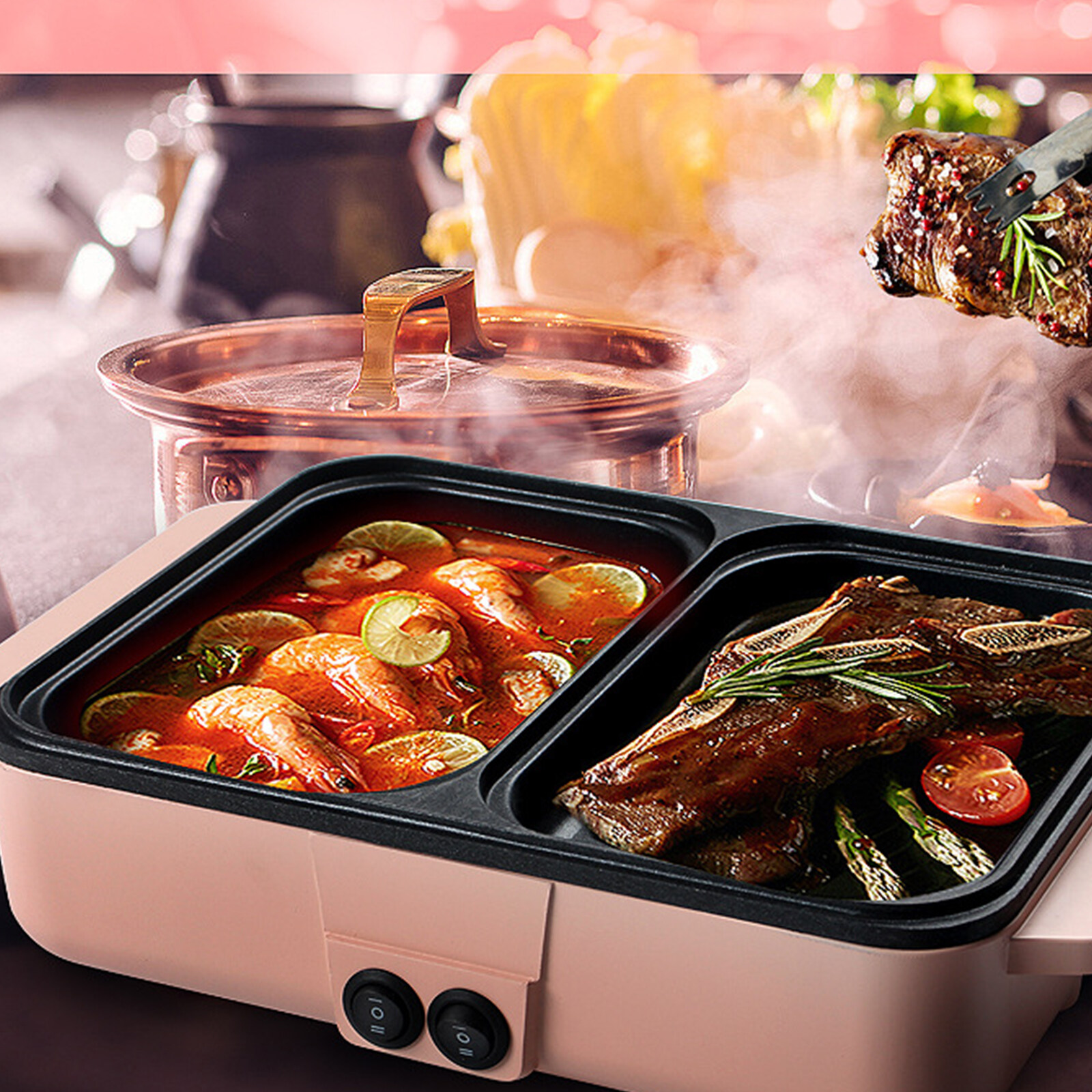 LASIEYO Electric Hot Pot with Grill 2 in 1 Korean BBQ Grill and Pot with Independent Dual Temperature Settings
