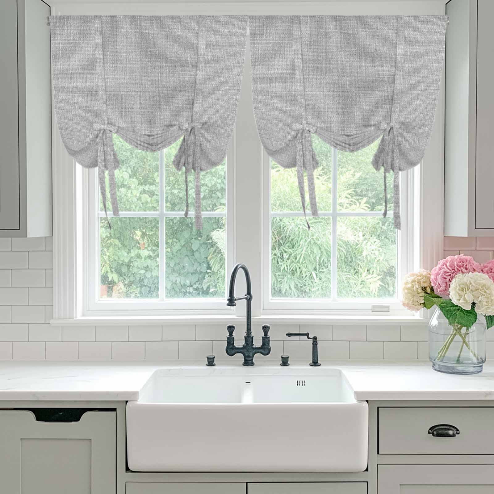 Vintage Linen Tie Up Curtain 45 Inches Long, Pastoral Grey Linen Texture Farmhouse Balloon Style Kitchen Window Curtain Over Sink, Small Window Rod Pocket Curtain 42"x45"