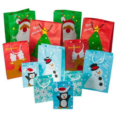 12pc Set Christmas Gift Bags Festive Felt Small Santa Snowman Penguin Bulk Lot