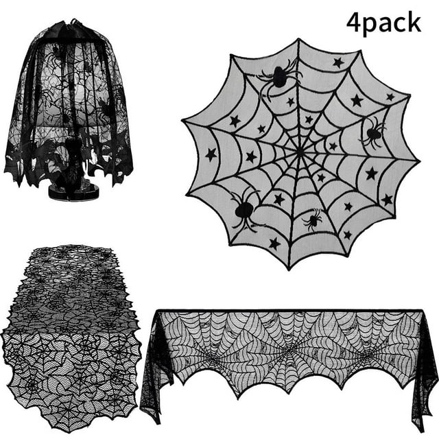 Oubit 4PCS Halloween Tablecloth Bat Spider Webst Lace Cloth and Lamps Cover Halloween Decoration