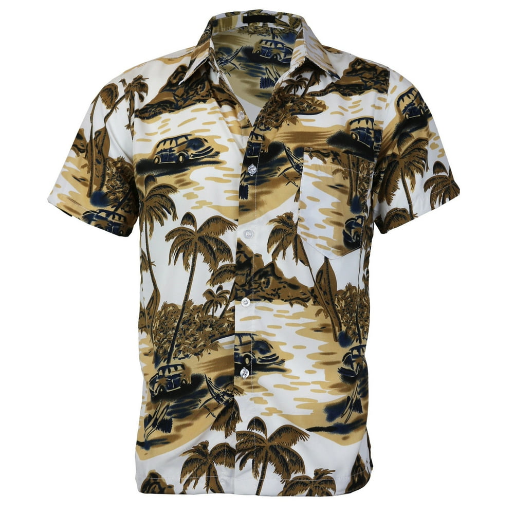 VKWEAR  Men's Hawaiian Tropical Luau Aloha Beach Party Button Up Casual Dress Shirt (Beige,2XL