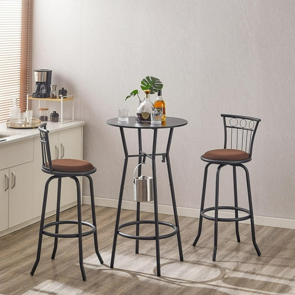 Modern 5-Piece Dining Room Set w/ 1 Round Tempered Glass Table & 4 High Back Chairs for Breakfast Nook, Kitchen, Living Room, Cafe, Antique Brown
