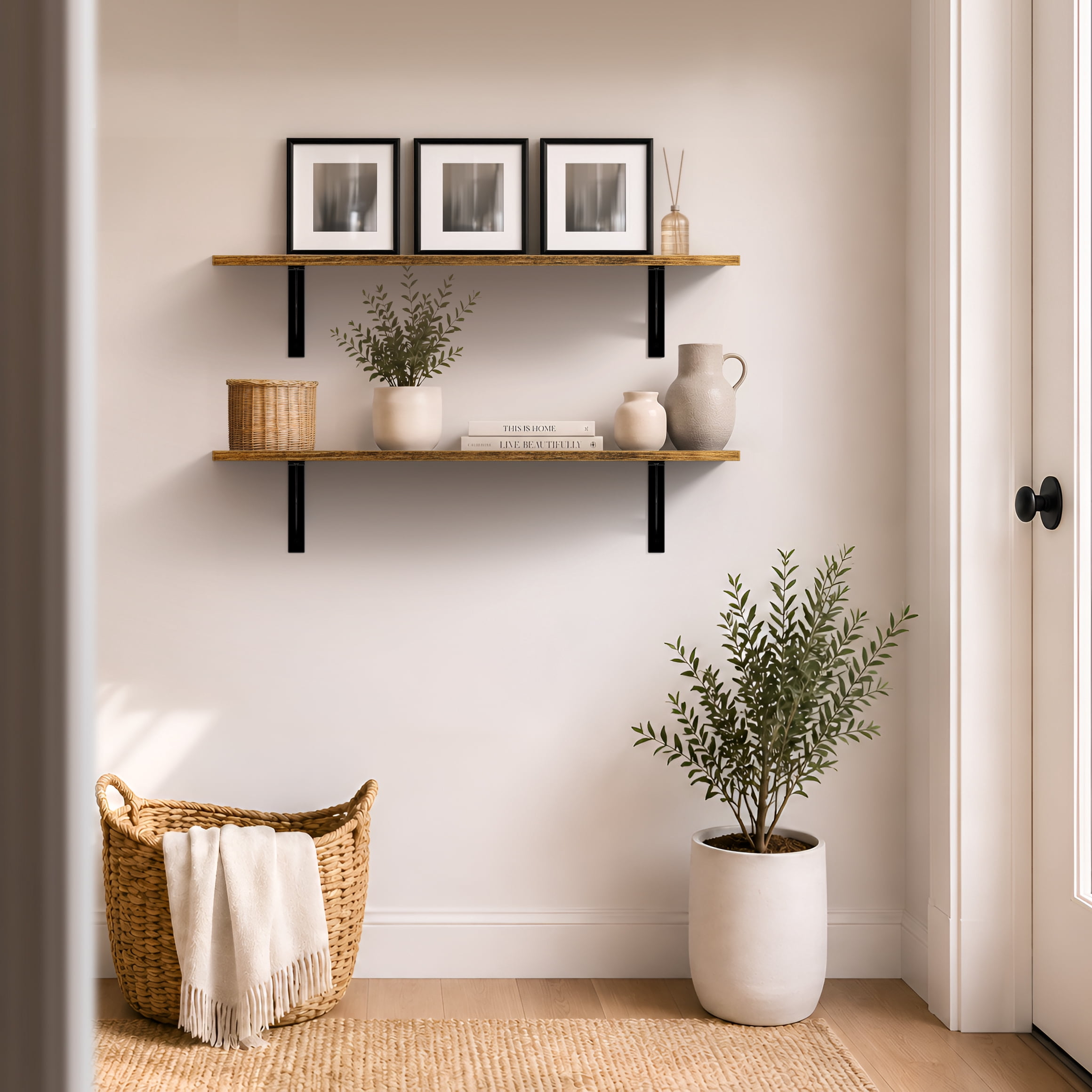 Sorbus Wall Shelves 31.5" with Black Metal Brackets, Floating Storage Shelves, Brown, Set of 2