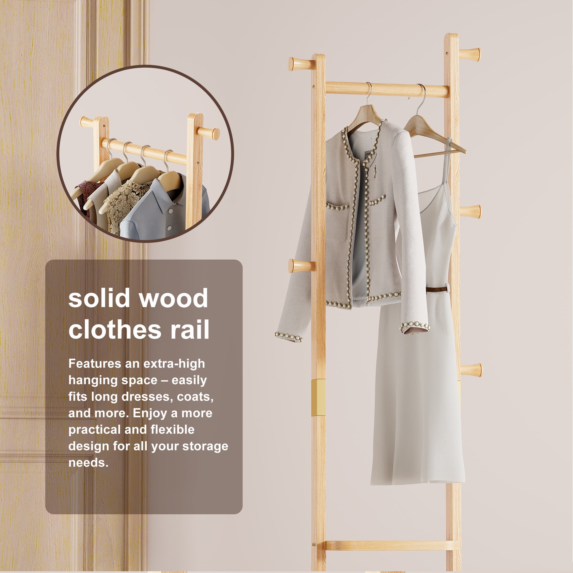 HOQBN Wood Coat Rack,70"H Solid Wood Hall Tree with 5 Hooks & Wood Hanger for Hallway,Living Room,18.9 x 11.8 x 69.63 inches,Natural